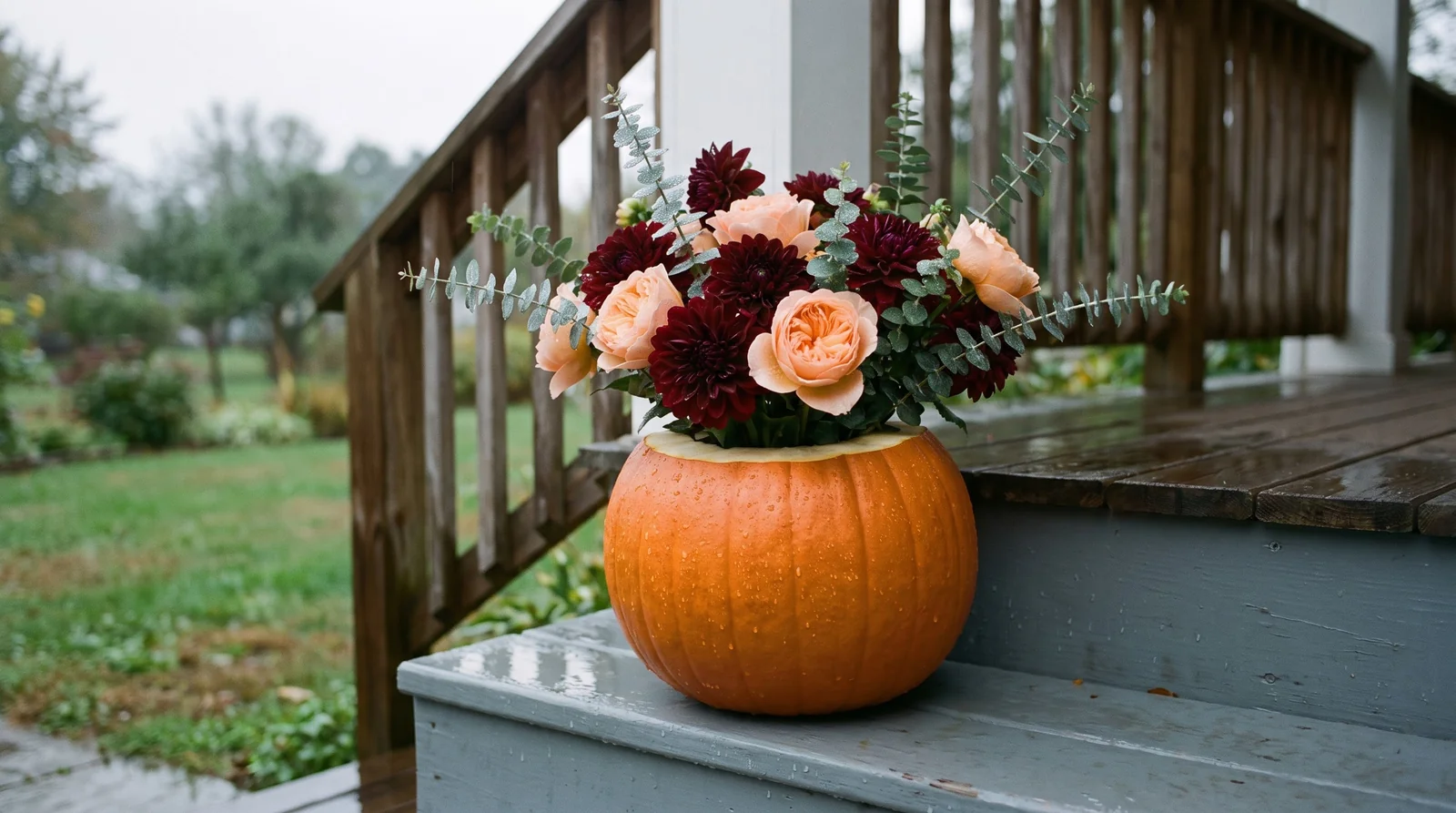 Fresh pumpkin flower arrangement with water droplets on covered porch step.