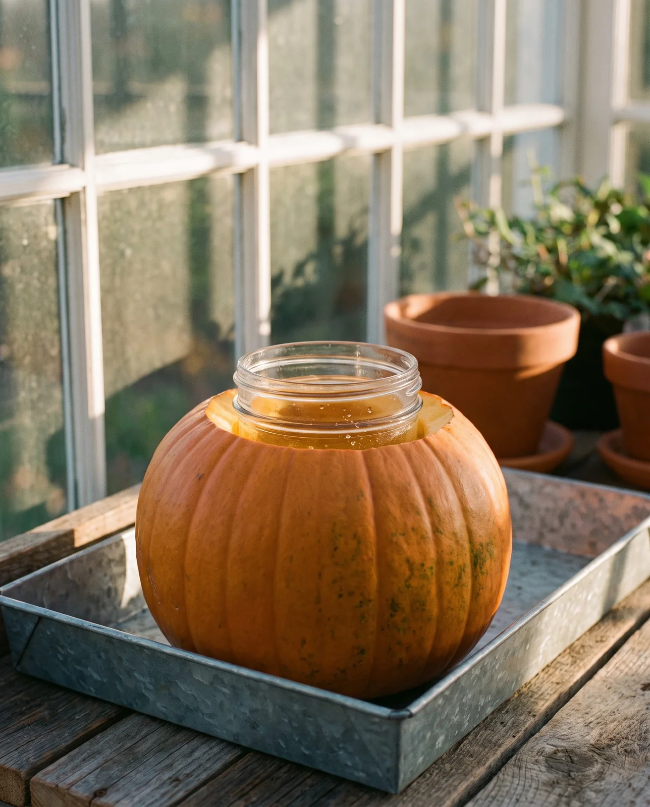 Empty glass jar liner fitted inside hollowed pumpkin on potting bench.