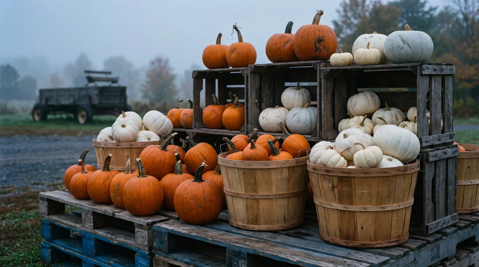 Wooden crates filled with orange and white pumpkins at farm stand.
