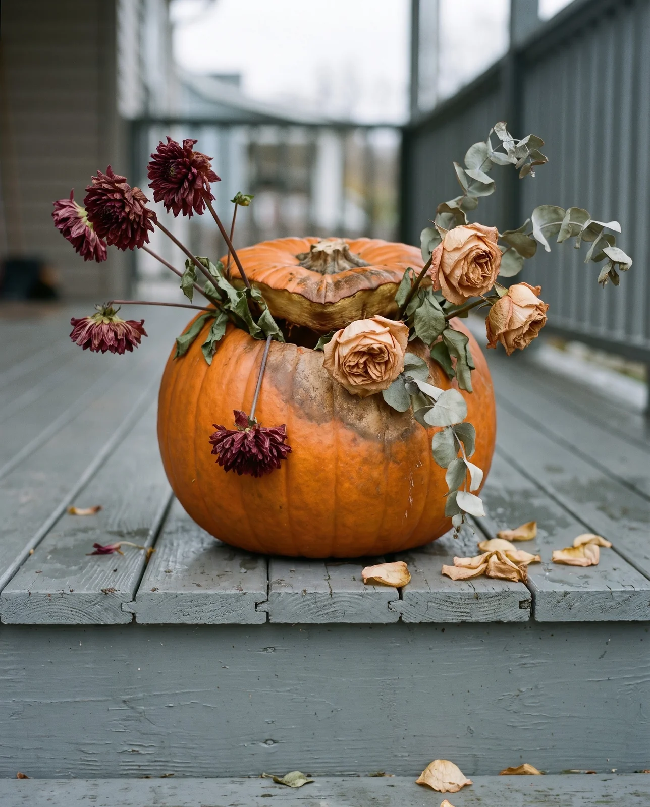 Wilted pumpkin flower arrangement with drooping petals after six days outdoors.