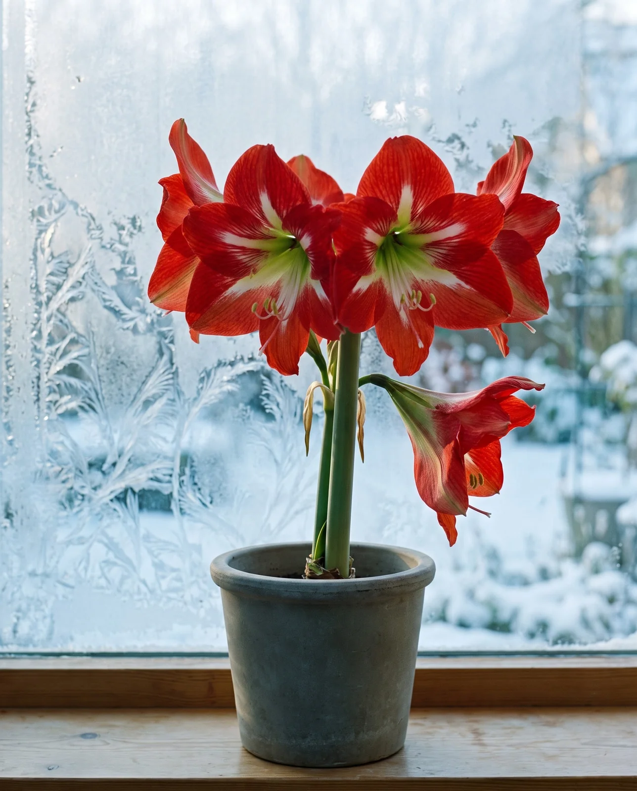 Red and white amaryllis blooms on windowsill with frosted glass