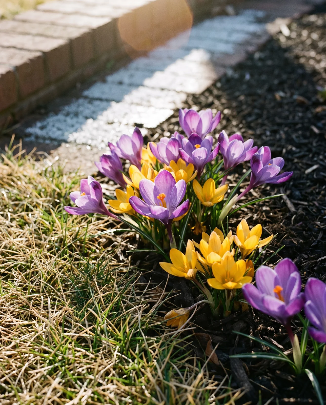 Purple and yellow crocus flowers open on a frosty lawn