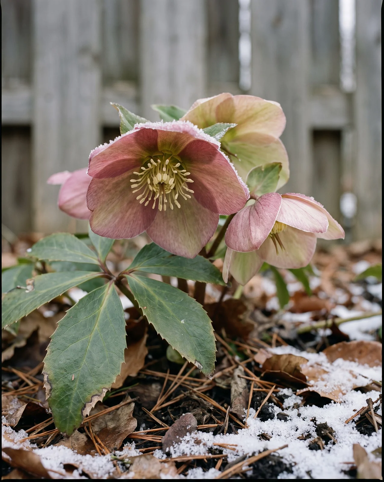 Dusty pink hellebore flowers with frost-rimmed petals in winter shade
