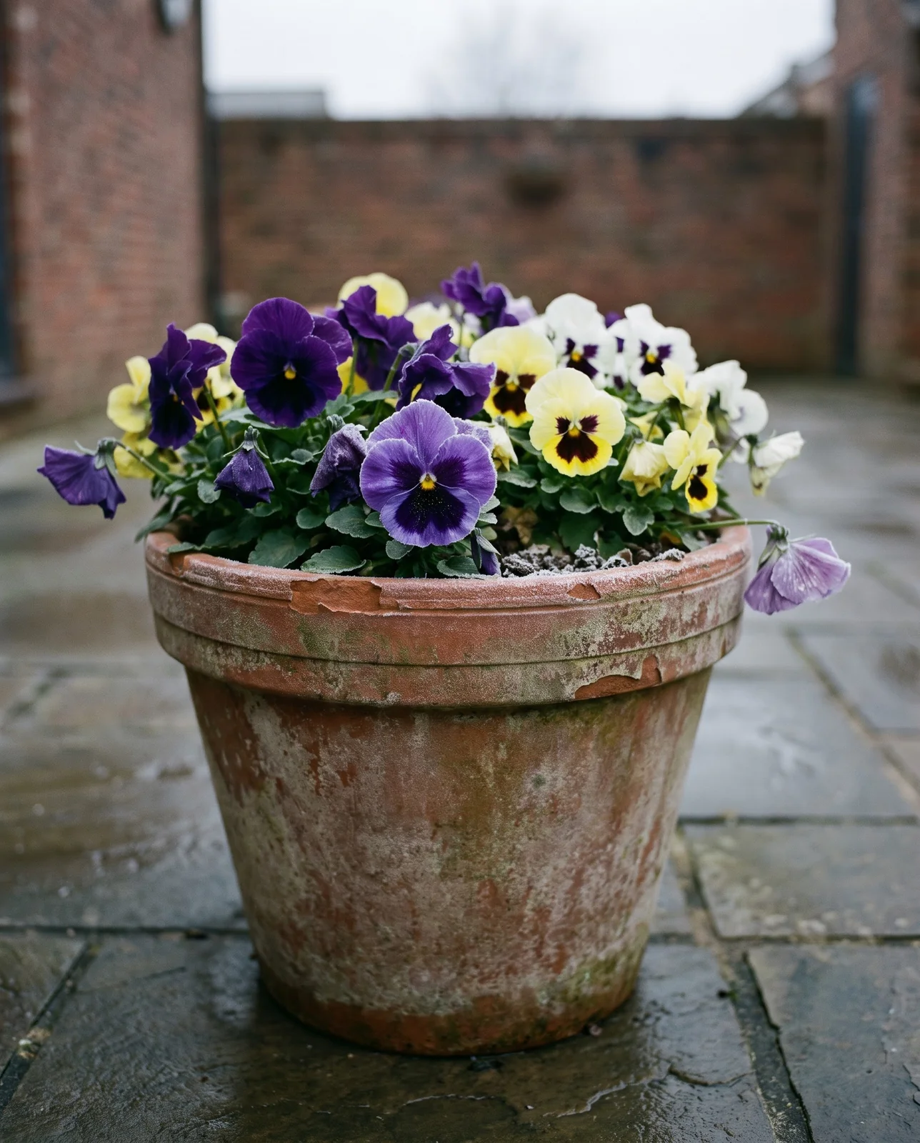 Purple and yellow pansies in a frosted terracotta container outdoors