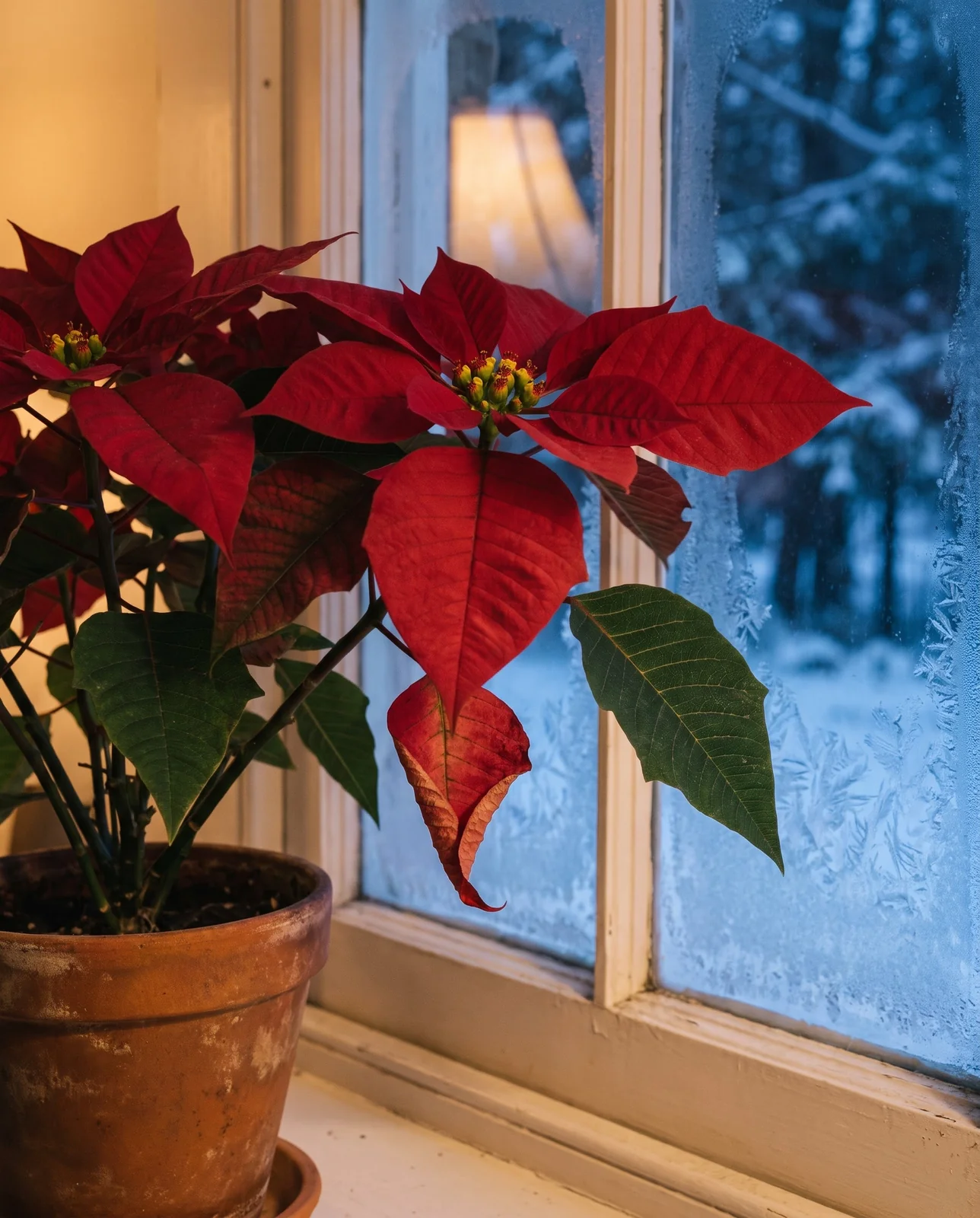 Red poinsettia on an indoor windowsill against frosty window glass