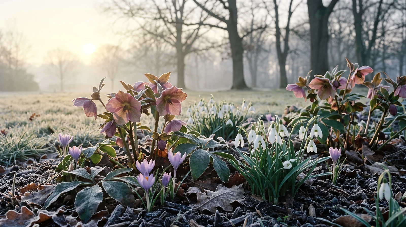Mixed winter border of blooming hellebores, snowdrops, and crocuses in frost