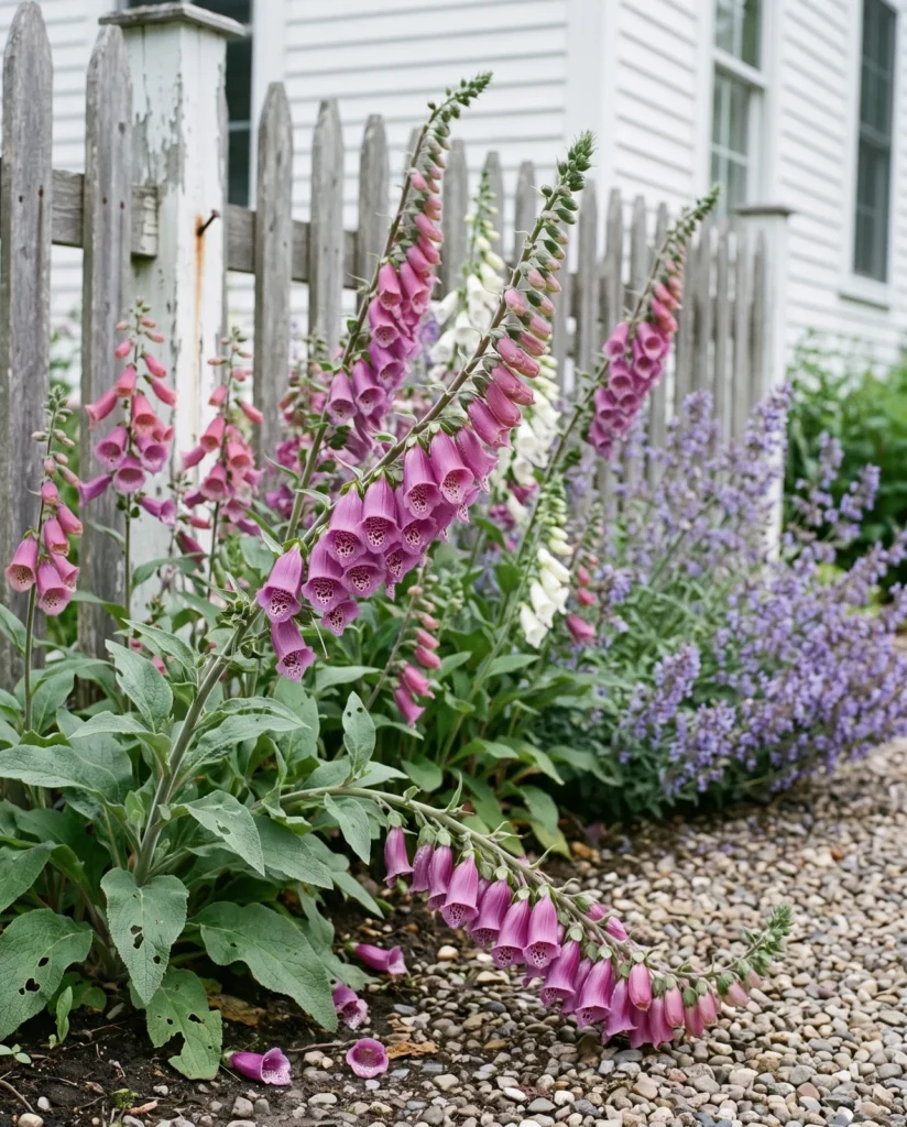 Tall purple and pink foxglove spikes in full bloom in a June cottage garden bed beside a weathered fence