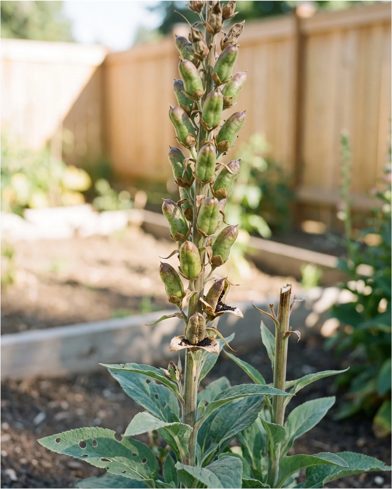 A spent foxglove spike with green seed pods ripening to brown along the stem in July