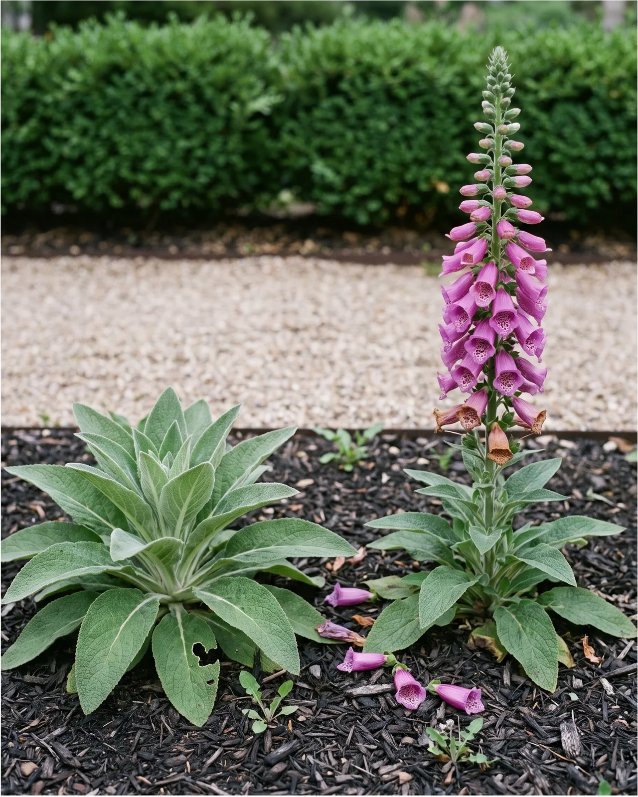 A first-year foxglove rosette of flat leaves beside a second-year plant in full tall bloom in the same bed