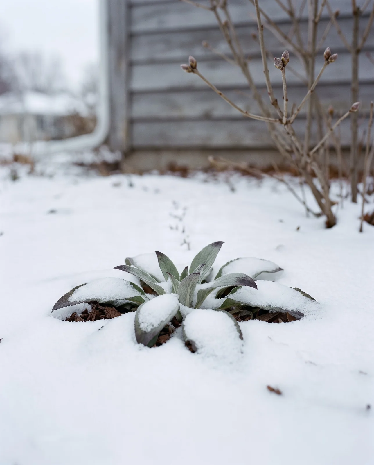 A foxglove rosette half buried in fresh snow in a garden bed with a grey house behind in winter