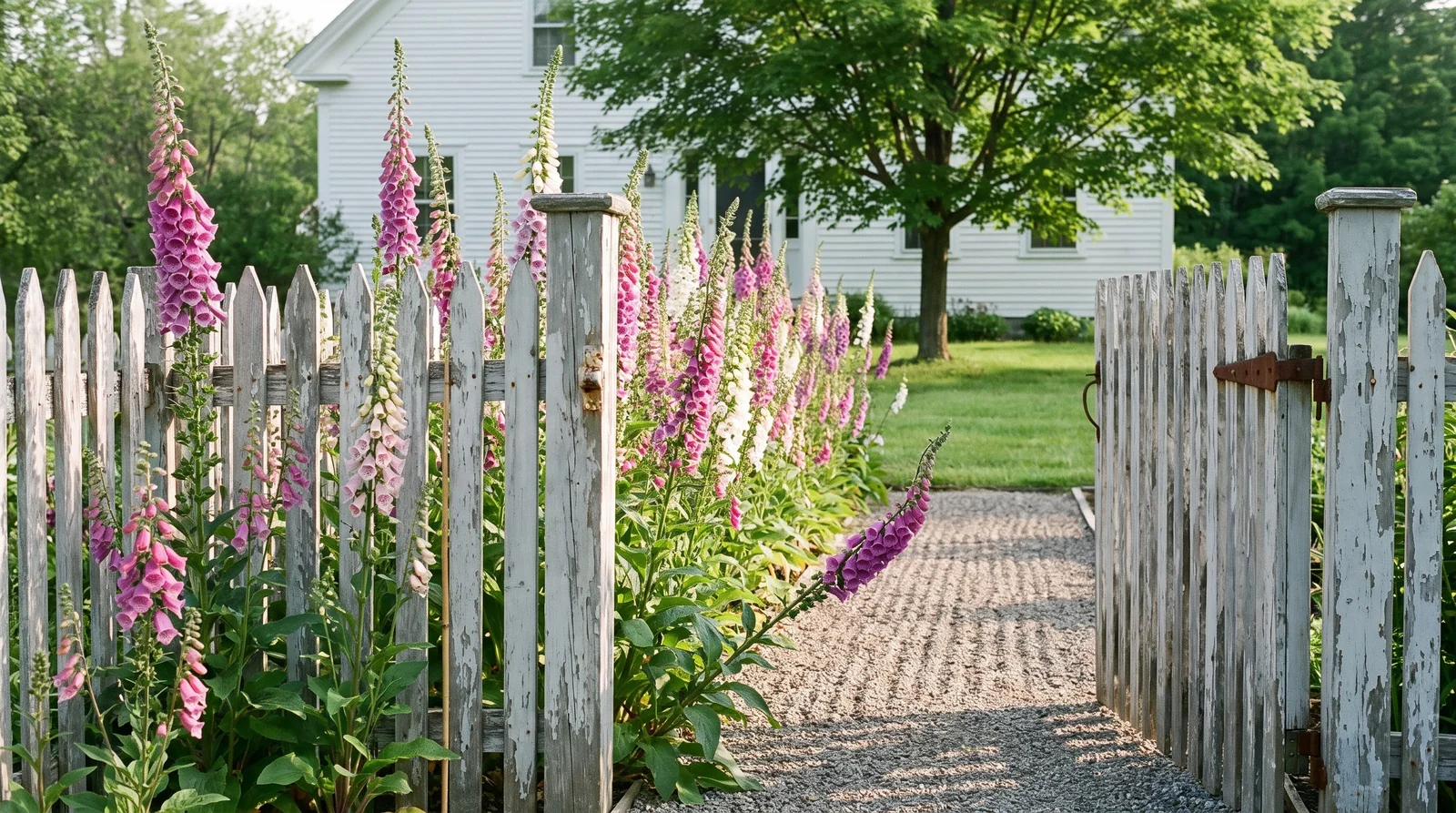 Wide view of tall foxglove spikes beside a garden gate and fence for scale in a June cottage garden