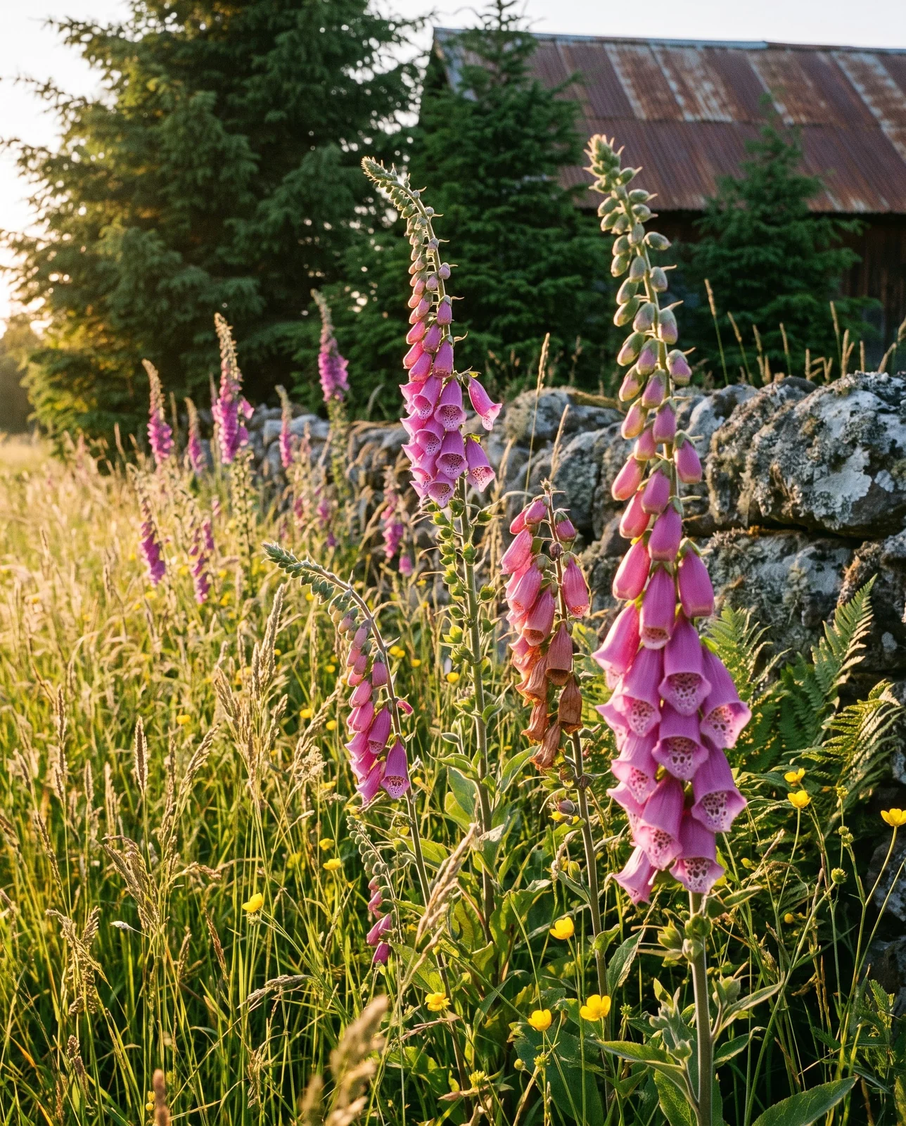 Foxgloves blooming at a sunny meadow edge in Maine with a stone wall and spruce behind