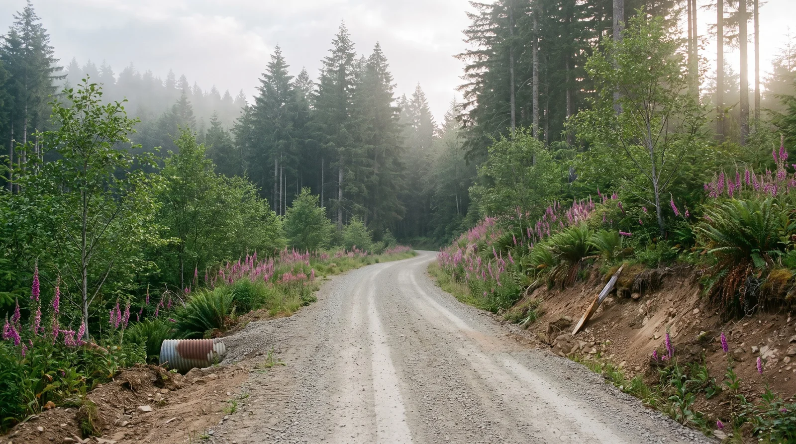 Wide view of naturalized foxgloves blooming along a logging road cut in the Pacific Northwest in June