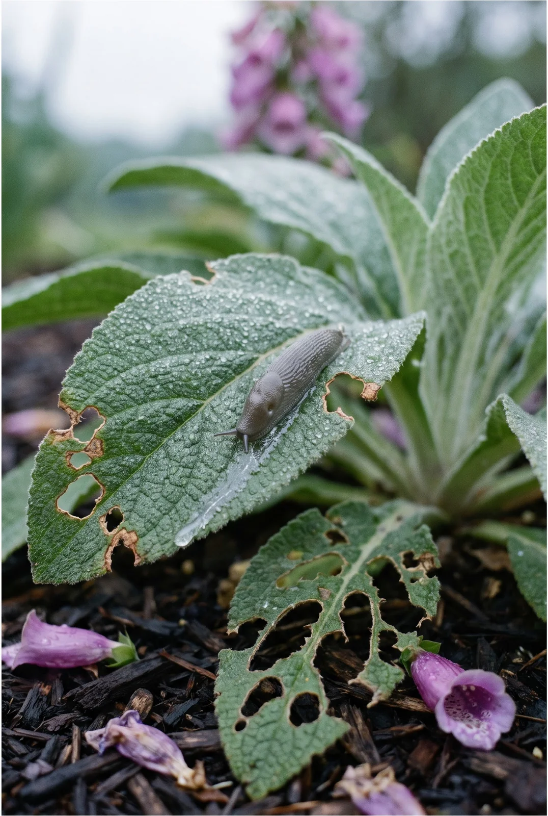 A grey slug on a foxglove rosette leaf with ragged holes chewed in the leaf edges after rain