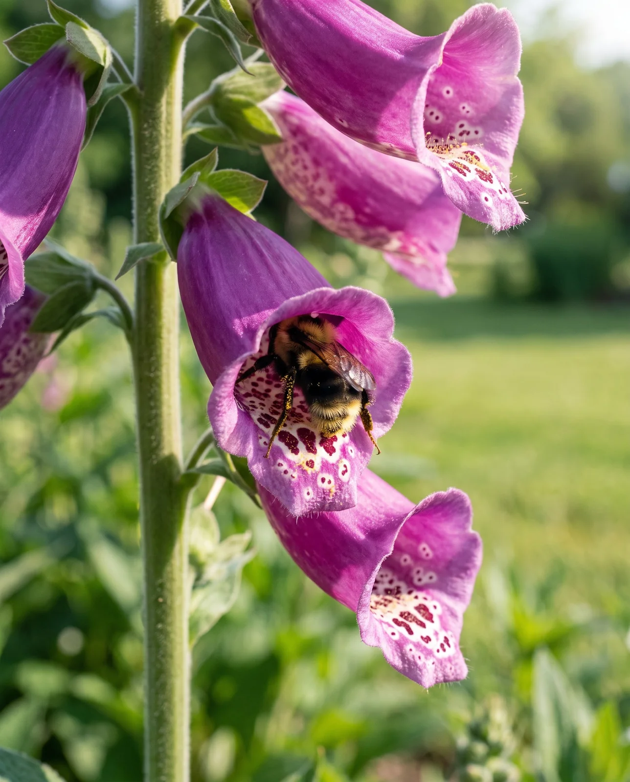 A bumblebee climbing into a purple foxglove bell with its back end showing at the mouth of the flower