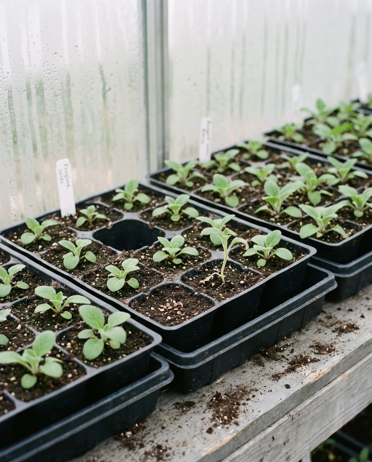 Tiny foxglove seedlings in plastic cell trays on a greenhouse bench in spring with dust-fine seed on the soil