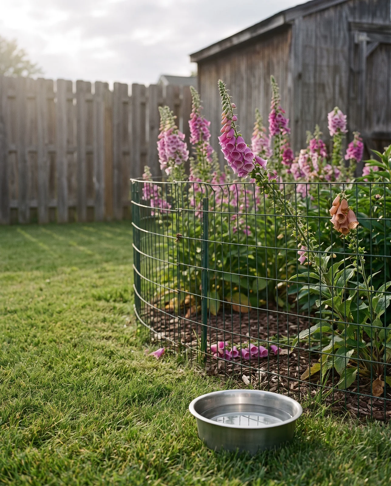 A foxglove bed behind a low wire garden fence with a dog water bowl on the lawn well away from it