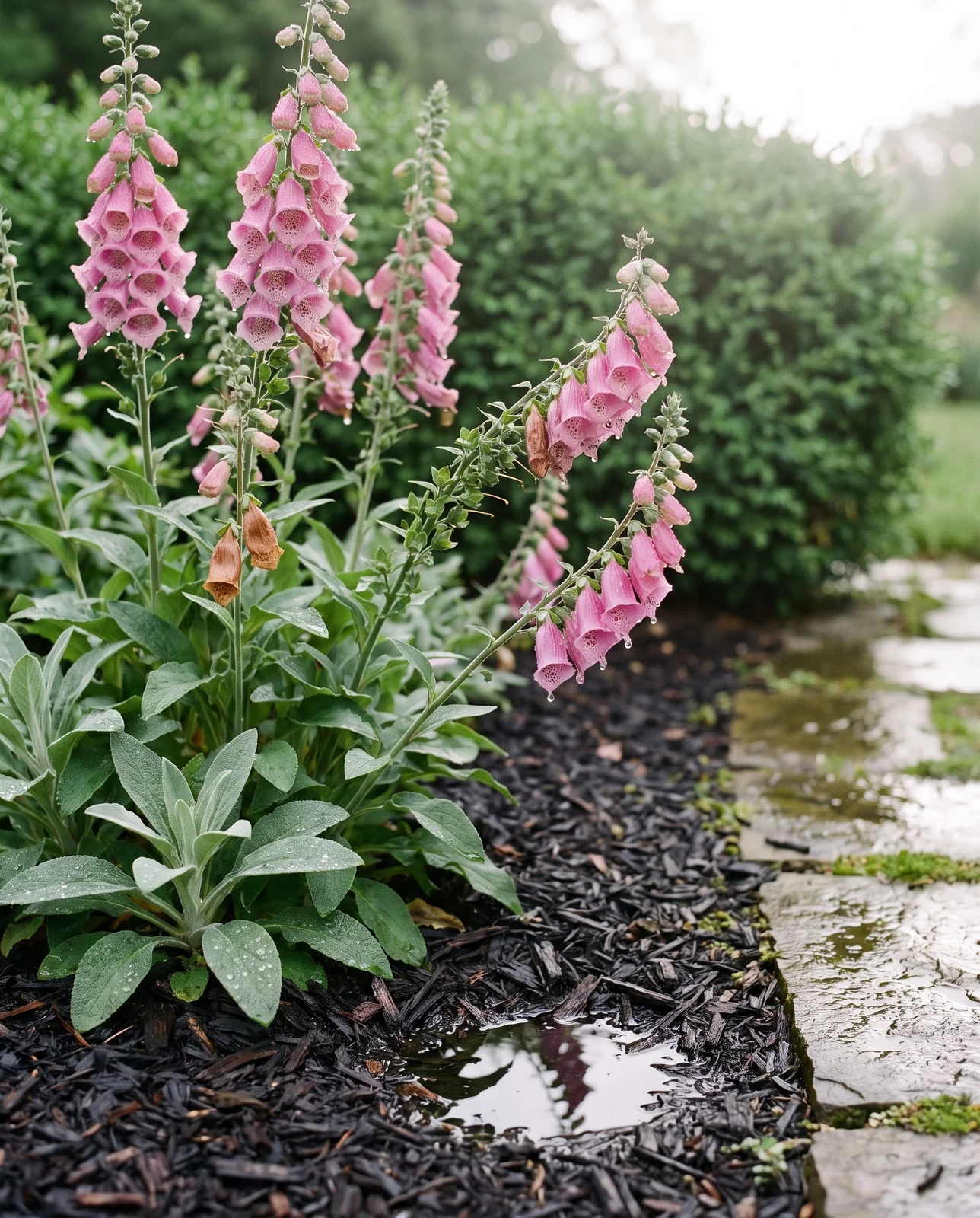 Foxglove spikes standing upright after rain with wet dark mulch and drops on the lower bells