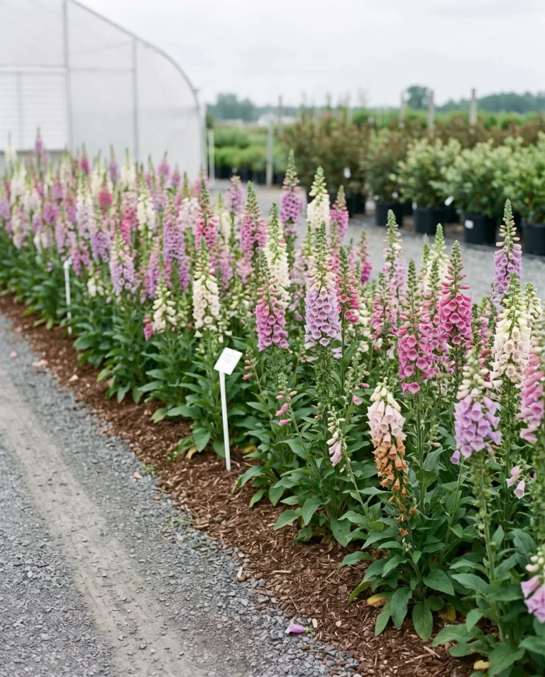 Camelot foxgloves with bells held all around the spike in lavender, rose and cream in a nursery display bed