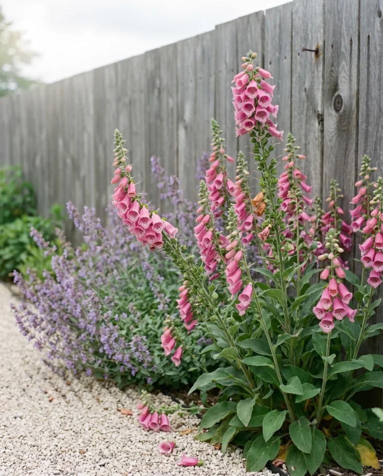 Candy Mountain foxgloves with upward-facing rose-pink bells showing their spotted throats in a garden bed