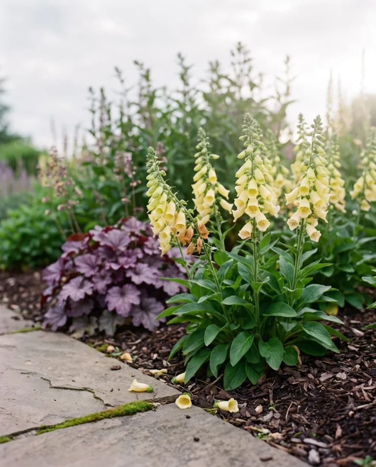 Carillon dwarf yellow foxglove with short spikes of pale yellow bells at the front of a garden bed