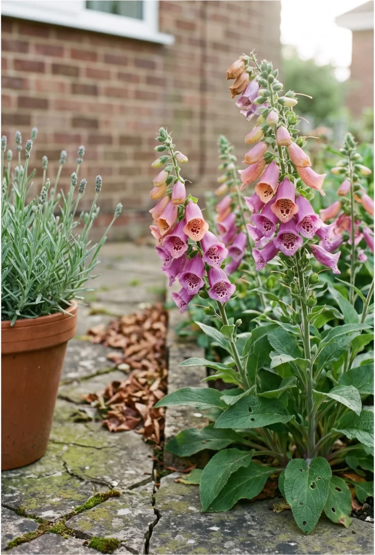 Dalmatian series foxgloves with heavily spotted bells in purple and peach on compact spikes in a patio bed