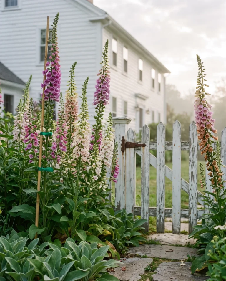 Excelsior hybrid foxgloves with very tall spikes of bells held horizontally all around the stem in a cottage garden