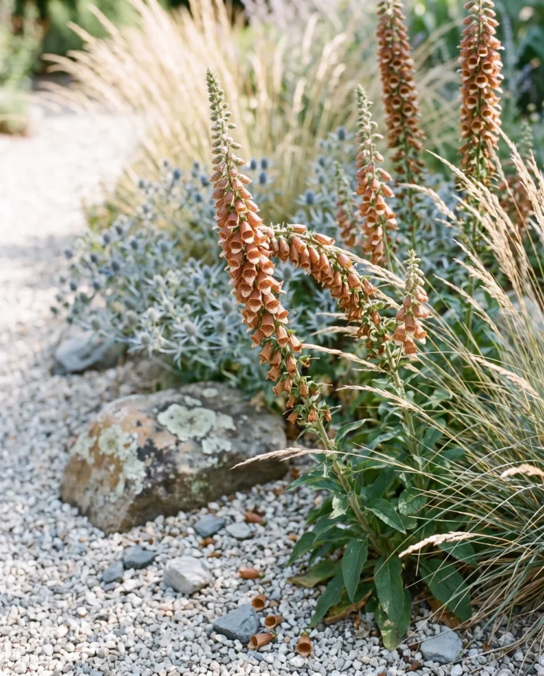Rusty foxglove with tall slender spikes densely packed with small rust-brown netted bells in a gravel garden
