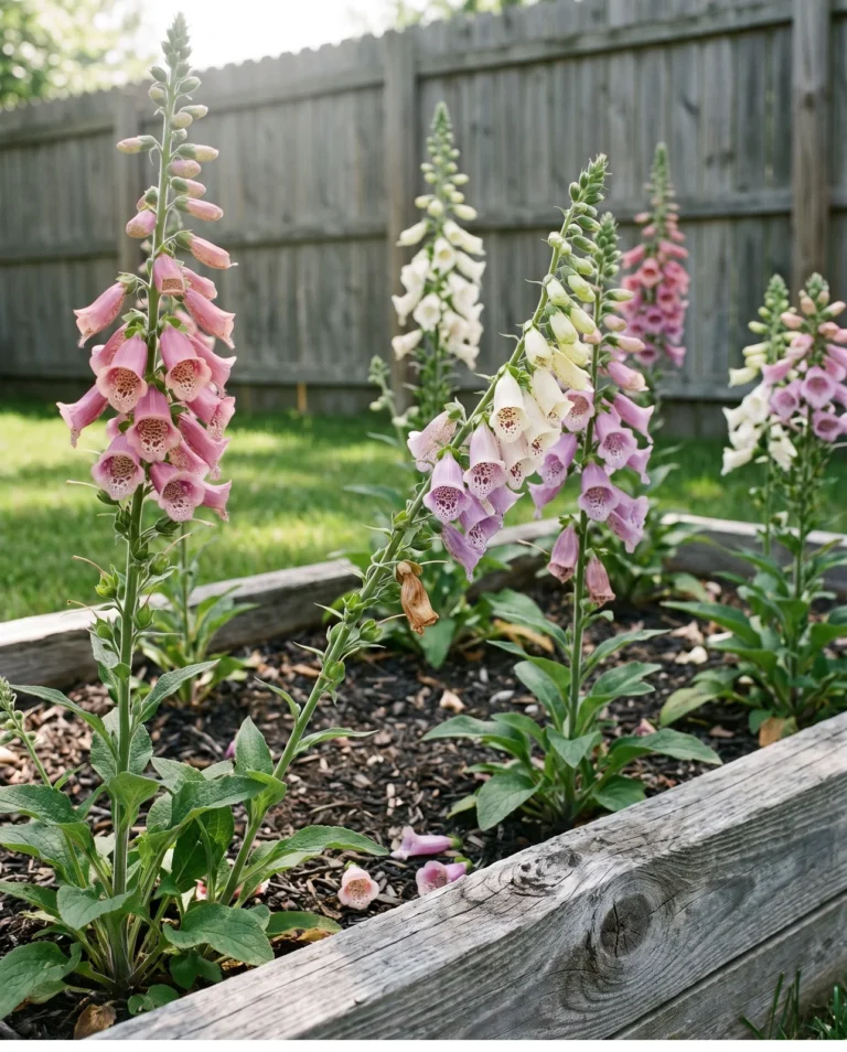 Foxy foxgloves blooming in mixed pink, cream and purple on shorter spikes in a raised bed in June