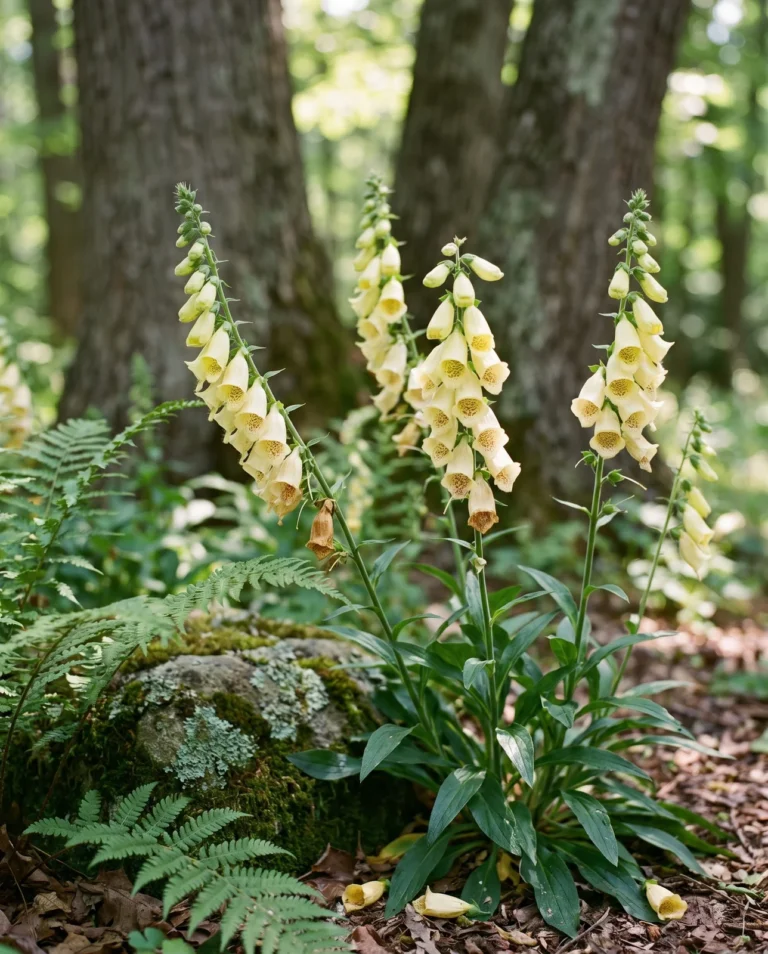 Yellow foxglove with pale yellow netted bells on a shorter perennial clump at a woodland edge