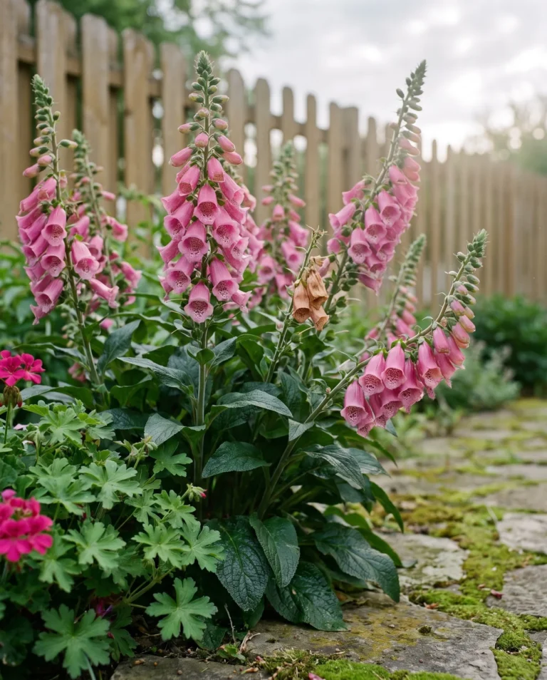 Strawberry foxglove with large crushed-strawberry pink bells on sturdy spikes above broad glossy leaves