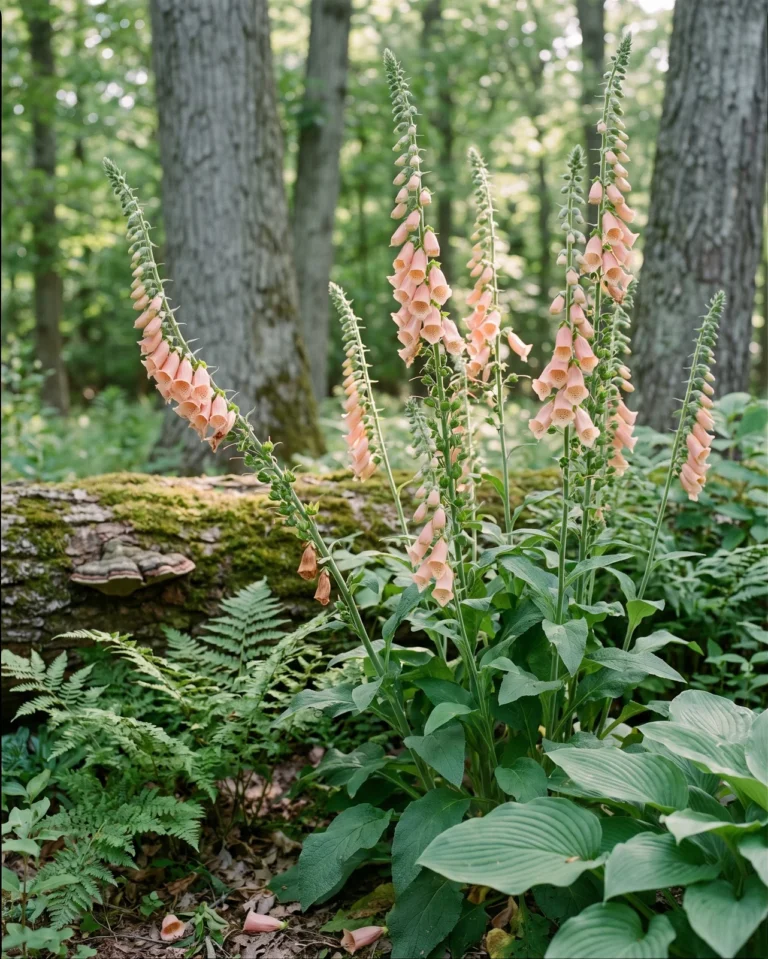 Suttons Apricot foxgloves with soft apricot-pink bells on tall spikes in a shaded woodland garden bed