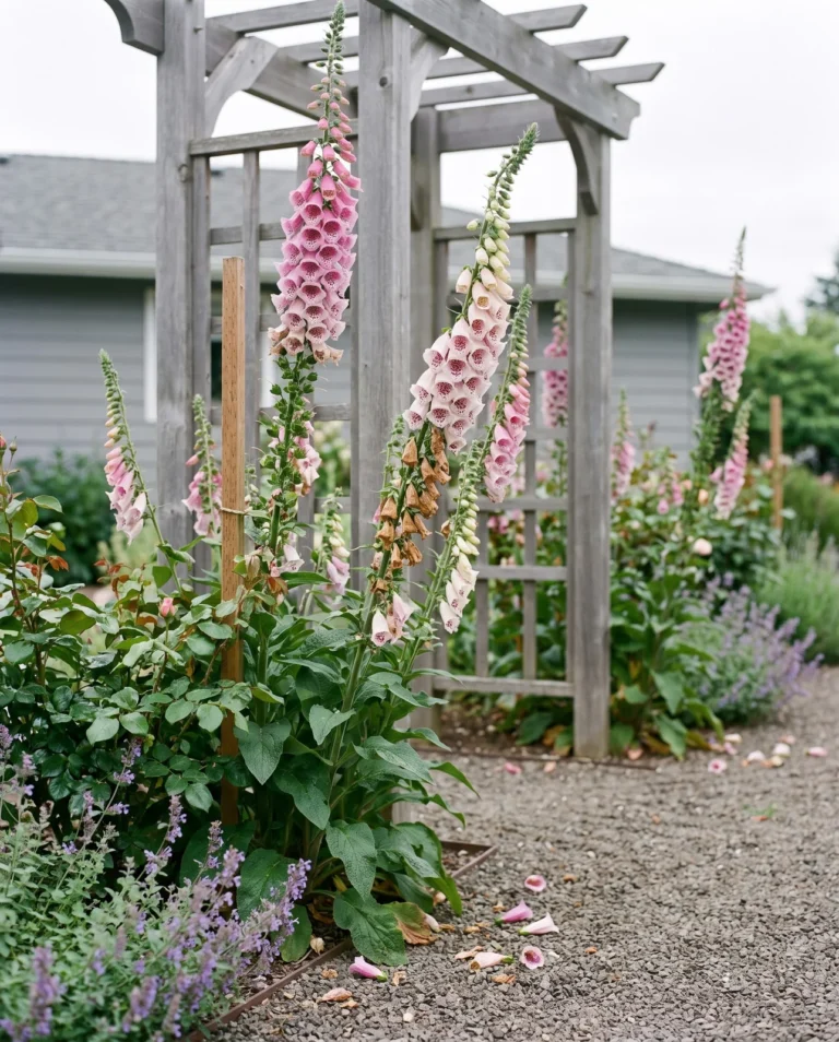 Shirley foxgloves with very tall spikes of large spotted pink and white bells towering over a garden path