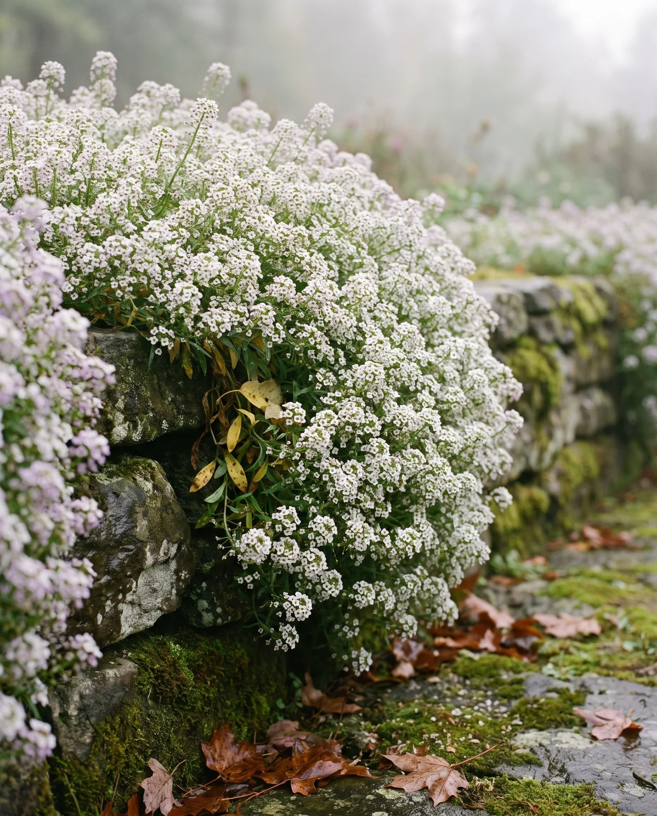 Sweet alyssum cascading over a stone retaining wall in morning mist.
