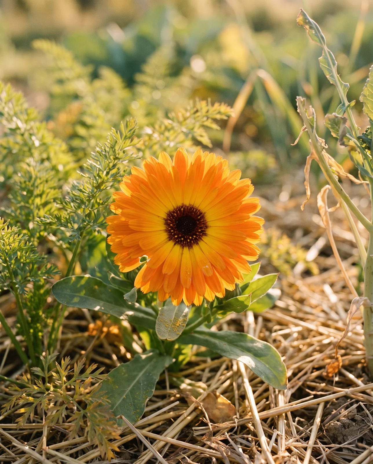 Calendula blooms in golden afternoon light at vegetable garden edge.
