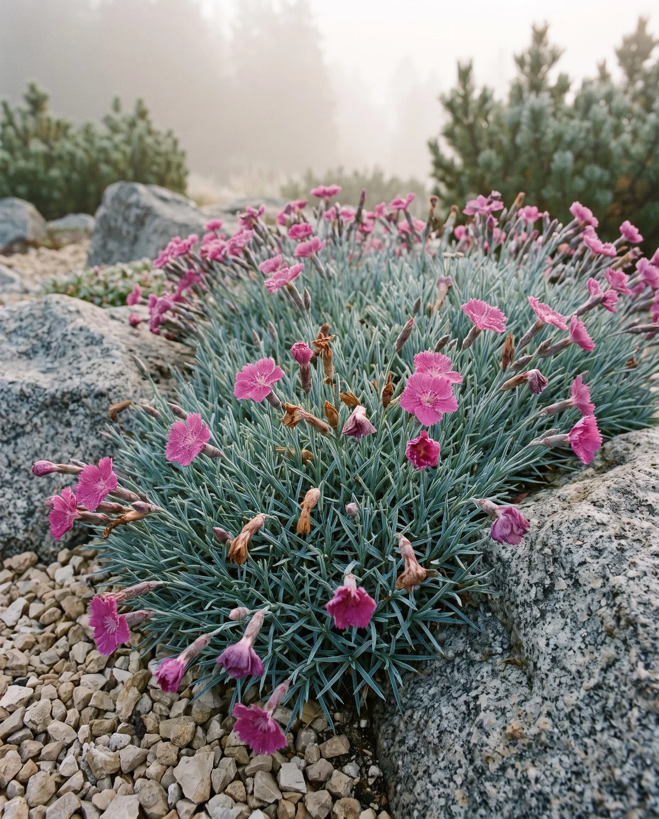 Dianthus flowers and blue-gray foliage among rocks in morning fog.