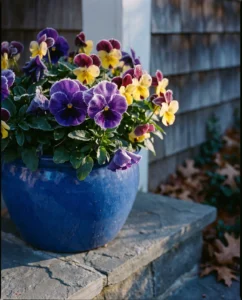Pansies and violas in a glazed pot with frost on petals.