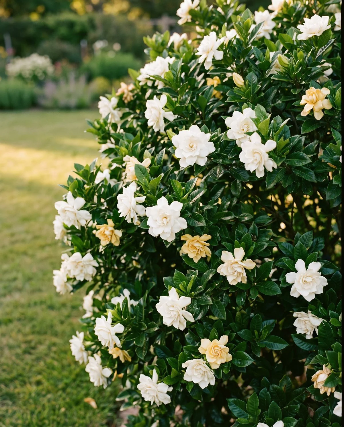 A tall gardenia shrub five feet high carrying many large double white blooms, used as a hedge plant