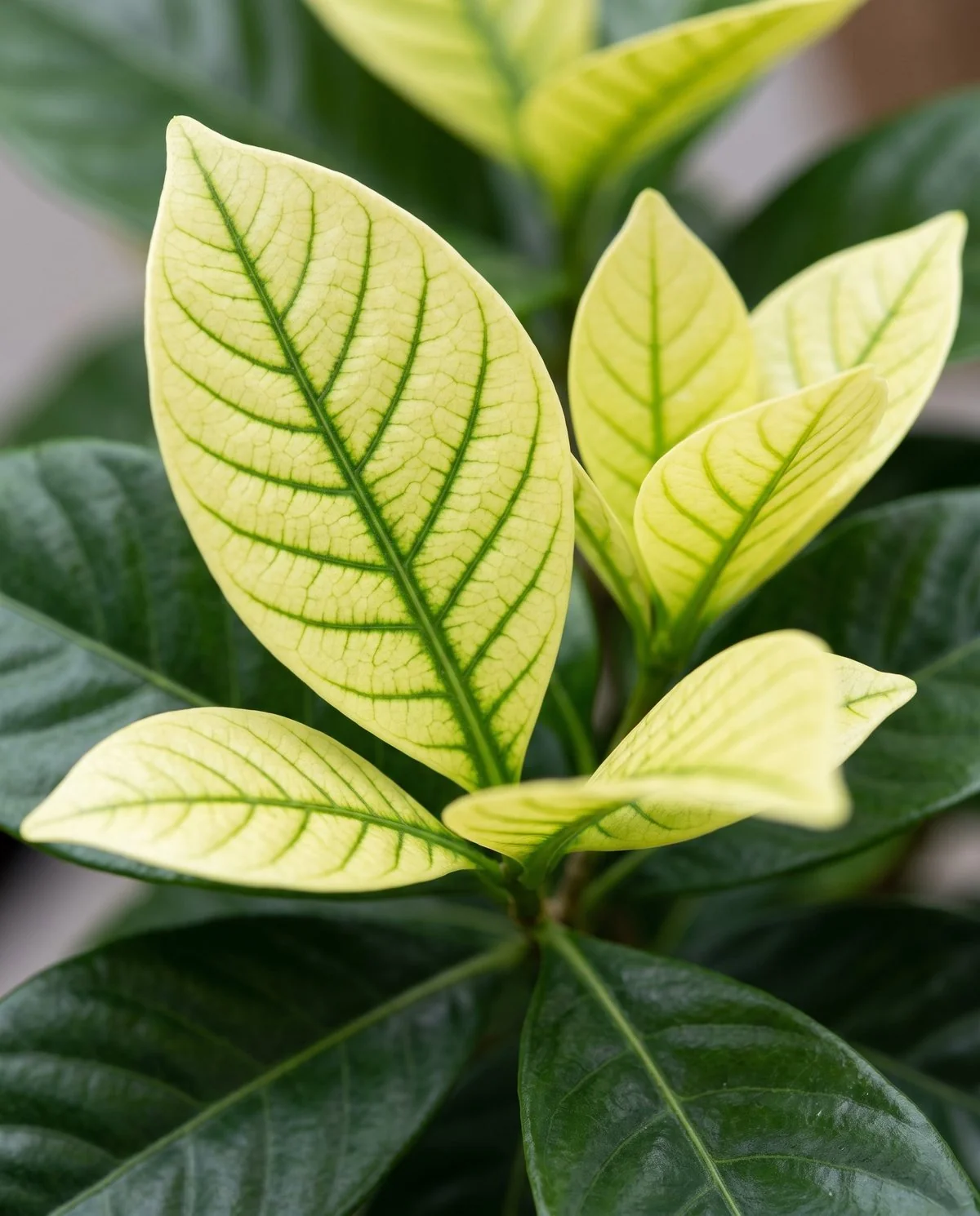 Young gardenia leaves yellowed between the veins while the veins themselves stay distinctly green