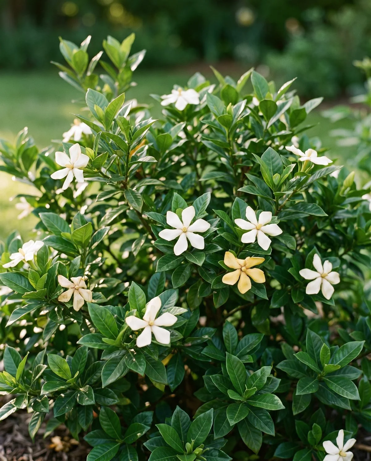 A compact gardenia about three feet tall and wide carrying single star-shaped white flowers among glossy dark leaves