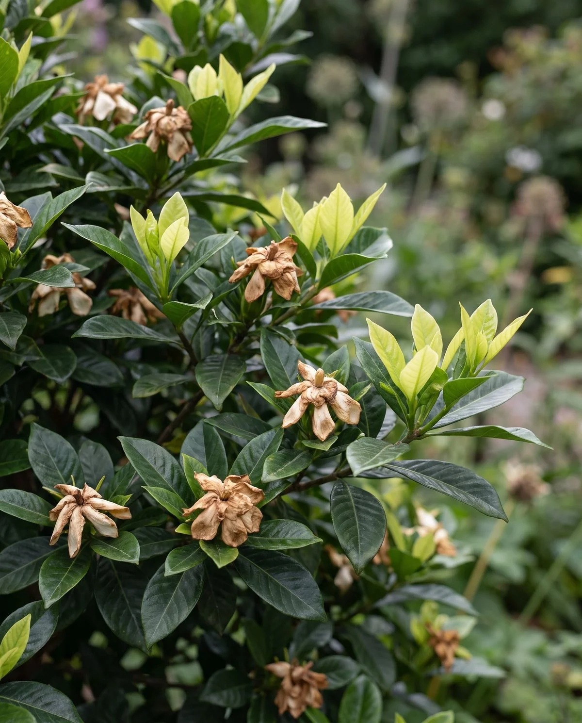 A gardenia just past flowering, spent brown blooms still on the plant beside pale new shoots
