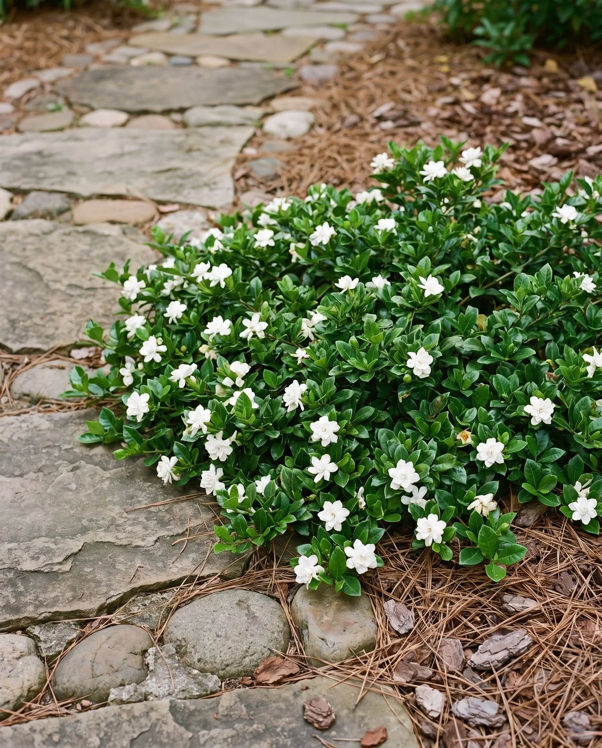 An ankle-high gardenia spreading sideways along a path edge with small double white flowers