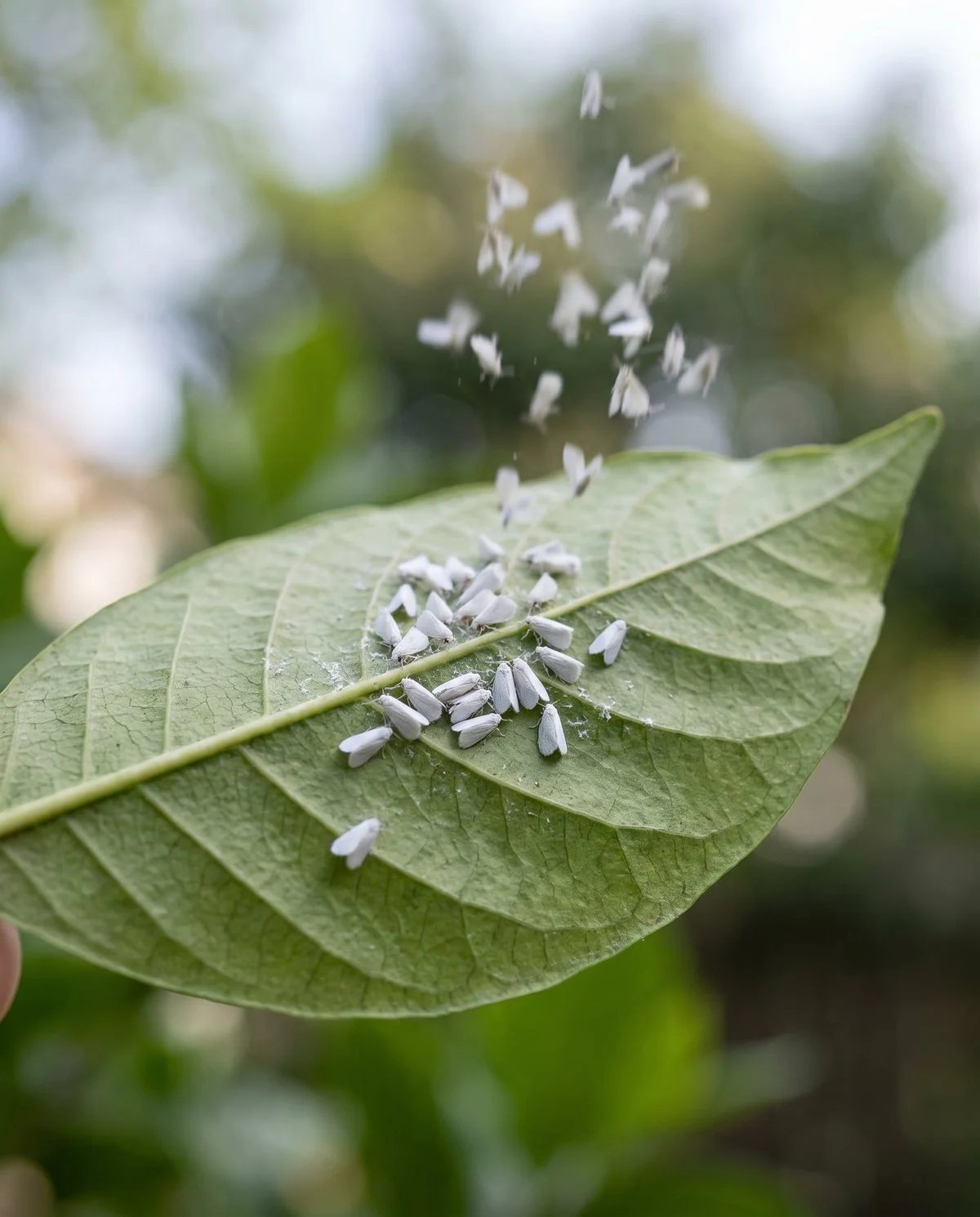 A small cloud of tiny white moth-like insects lifting off the underside of a gardenia leaf