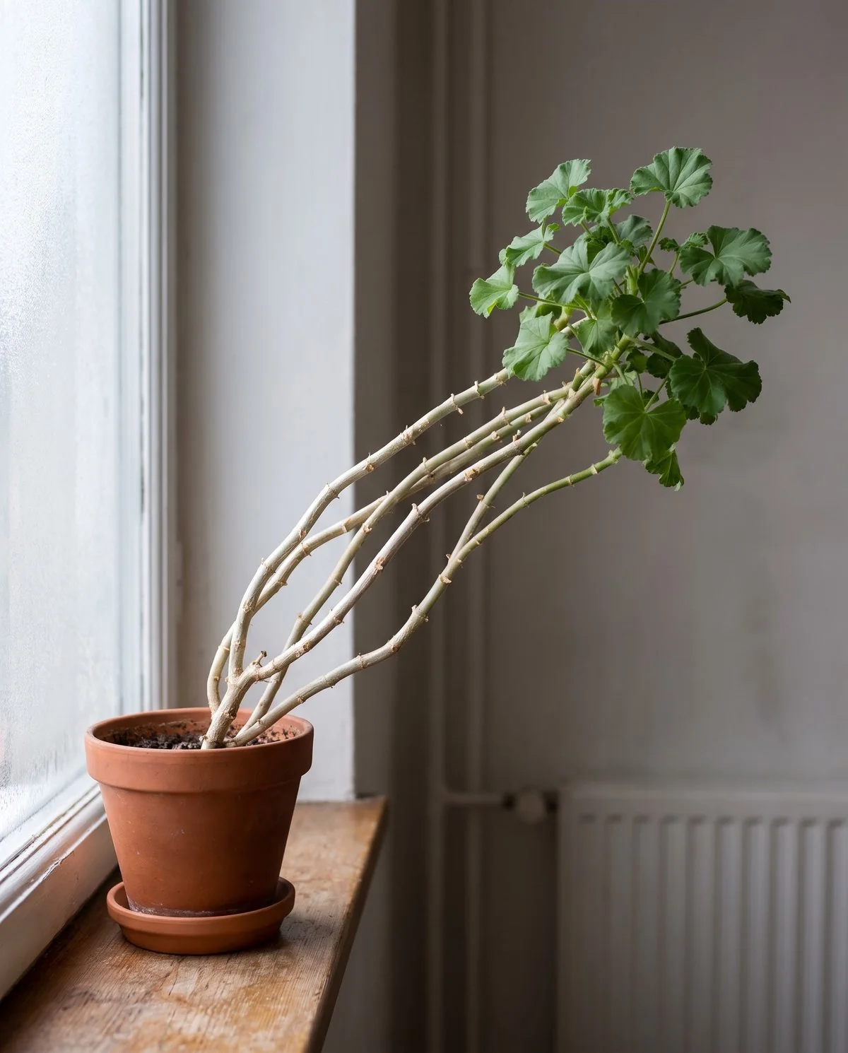 An overwintered geranium with long bare stems and healthy green leaves only at the very tips