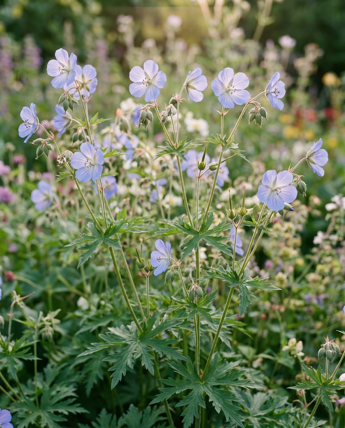 A tall meadow cranesbill about three feet high with pale blue saucer flowers marked by fine white veins