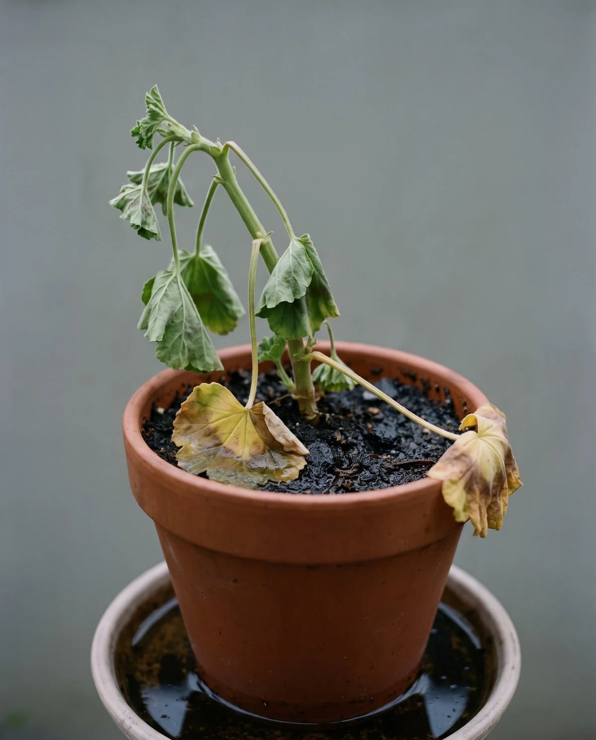 A potted geranium wilted and soft with yellowing lower leaves while the soil surface is dark and saturated