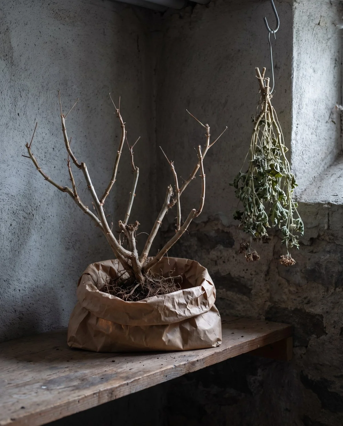 A leafless pelargonium lifted and stored bare-root in a paper bag on a shelf in a cool dark basement