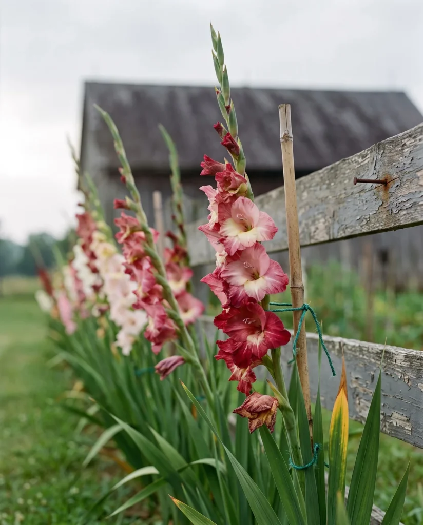 A row of tall gladiolus spikes in red, pink and white blooming in a cutting garden beside a wooden fence in late July