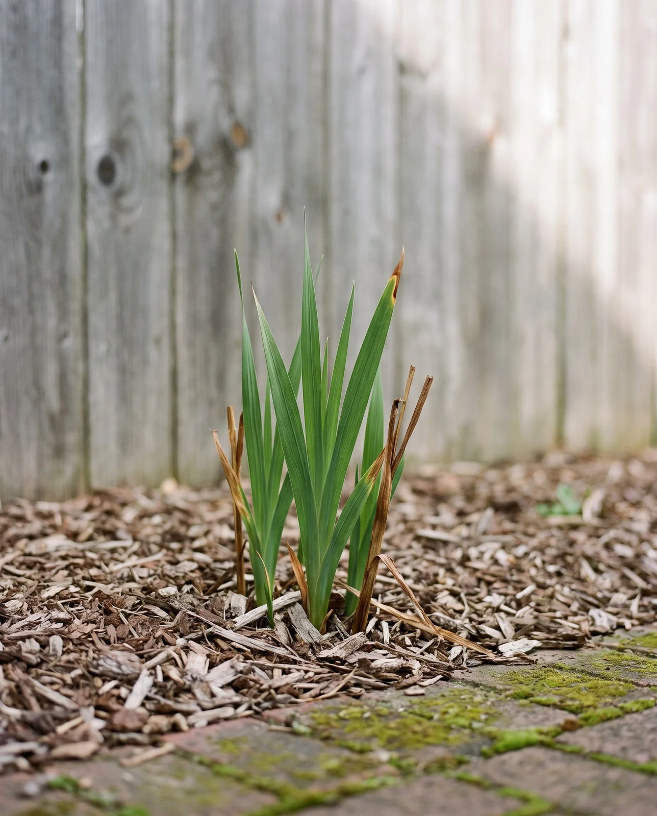 A clump of gladiolus leaves emerging in spring from a mulched bed where the corms stayed in the ground
