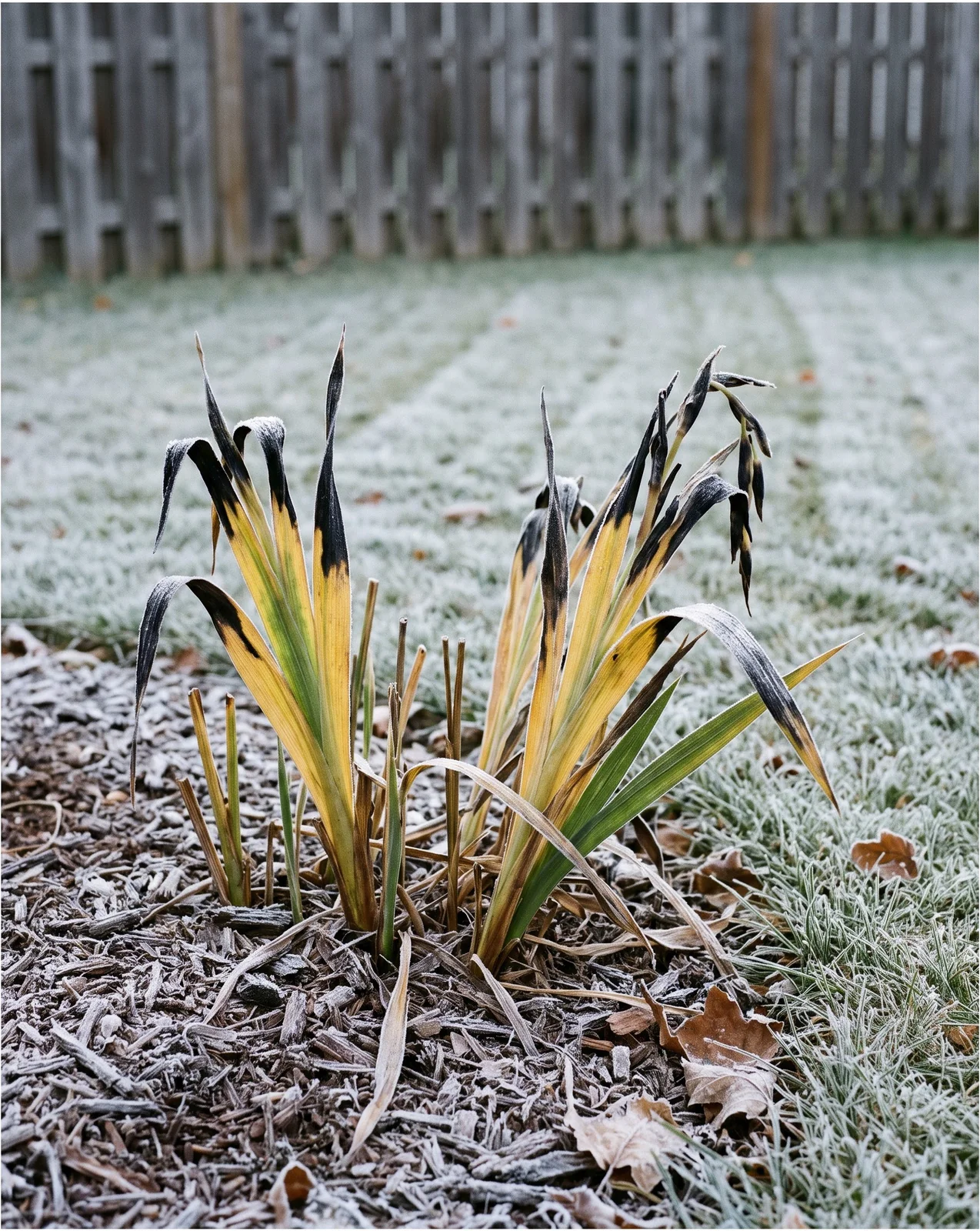 Gladiolus foliage yellowed and blackened by the first frost in a garden bed in October before lifting